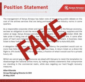 Kenya Airways Addresses It’s Viral Statement Refuting Ruto’s Words of a Private Jet Being Cheaper Than KQ