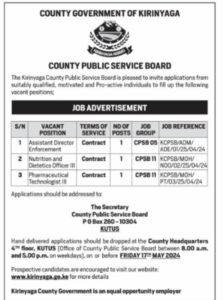 Kirinyaga County Public Service Board is Hiring; How To Apply