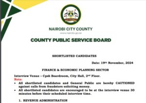 Full List Of Shortlisted Candidates At Nairobi City County (November 2024); Interview Dates/Venue